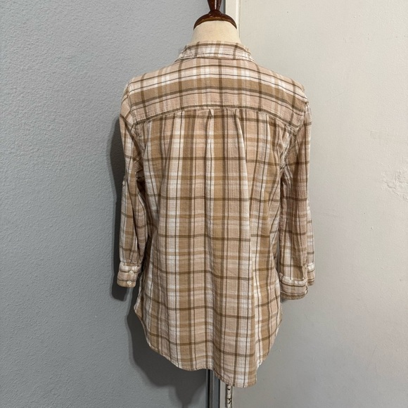 St. John's Bay Women Beige Plaid Collared 3/4 Sleeve Button Down Shirt Shirt L - Picture 6 of 13